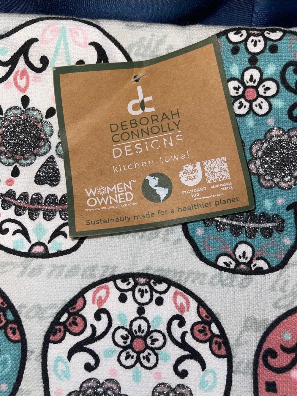 Sugar Skull Kitchen Towels - White with Teal and Pink Skulls